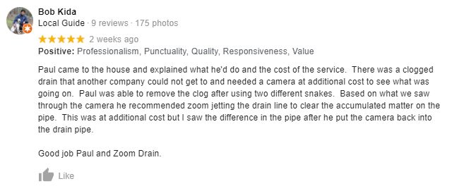 "Good job Paul and Zoom Drain". Five star review by Bob Kida.